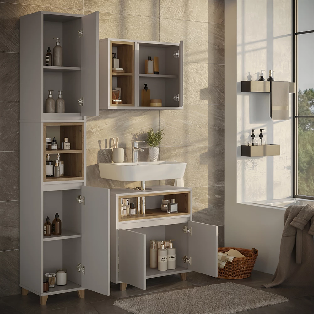 Badmöbel-Set Elnor Greige 3 Teile mit Hochschrank Vicco