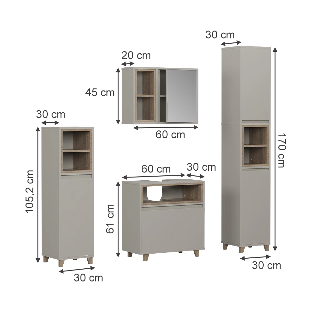 Set di mobili da bagno in Greige/Rovere su sfondo bianco con dimensioni visibili