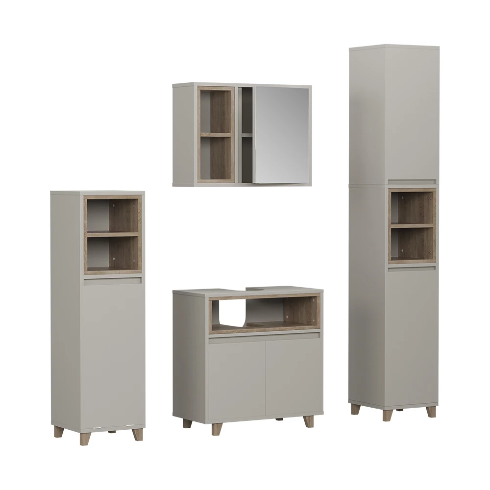 Set di mobili da bagno in Greige/Rovere su sfondo bianco