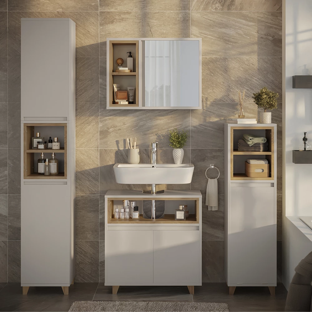Set di mobili da bagno in Greige/Rovere, mostrato in un ambiente ambientale con decorazioni