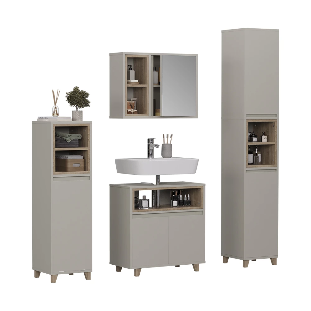 Set di mobili da bagno in Greige/Rovere su sfondo bianco con elementi decorativi