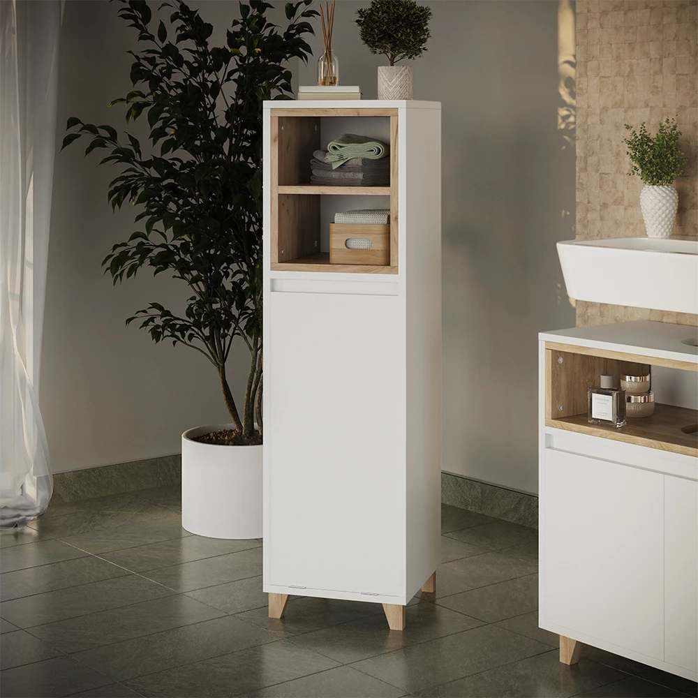 Midischrank mit Wäschekorb in Weiß/Eiche, dargestellt im Ambiente mit Dekoration