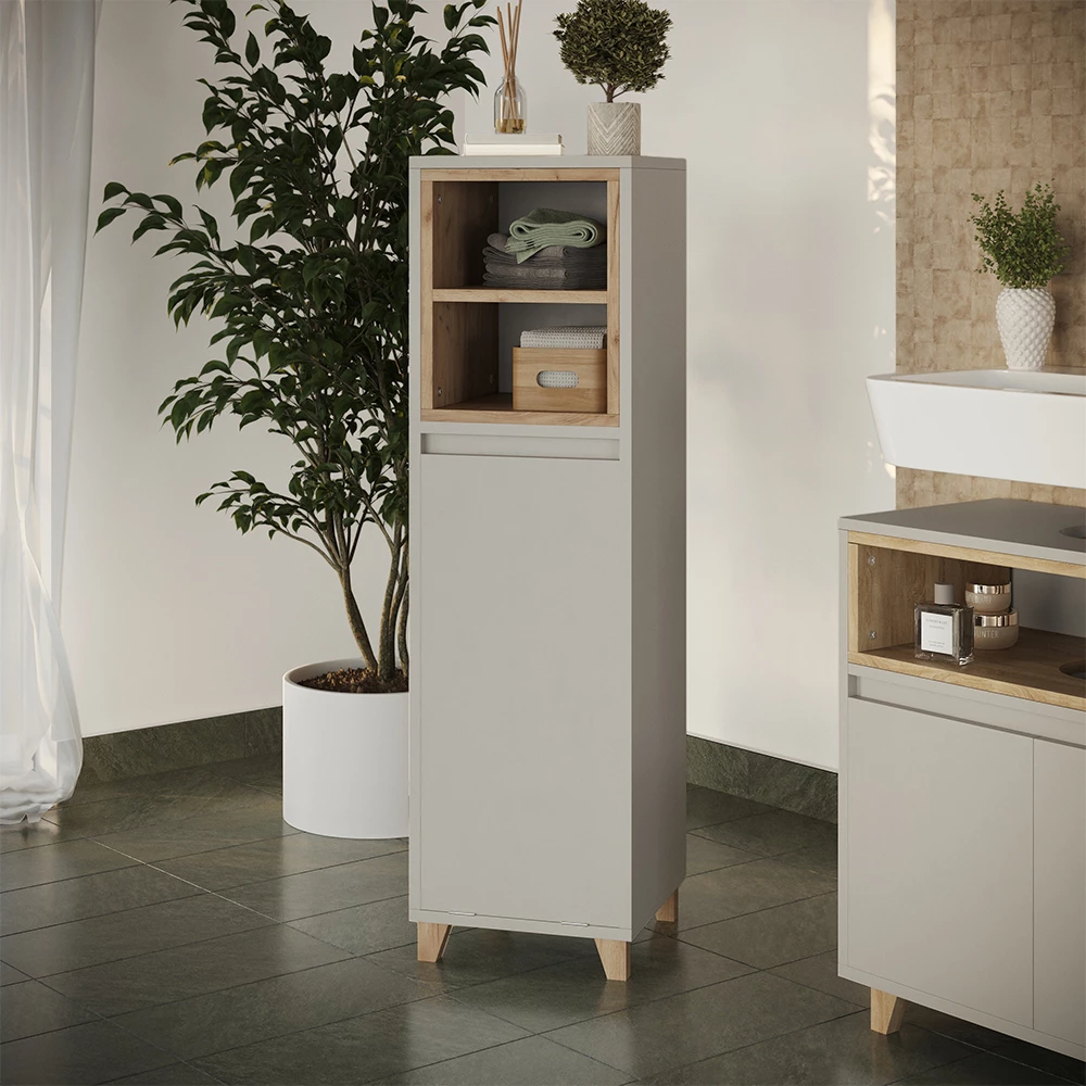 Midischrank in Greige/Eiche, dargestellt im Ambiente mit Dekoration