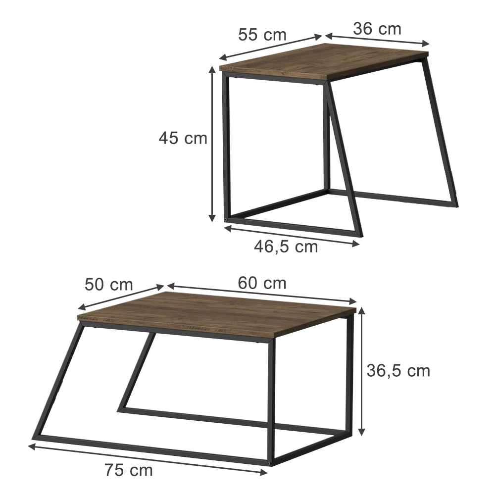 Couchtisch-Set in Eiche rustikal/Schwarz auf weißem Hintergrund