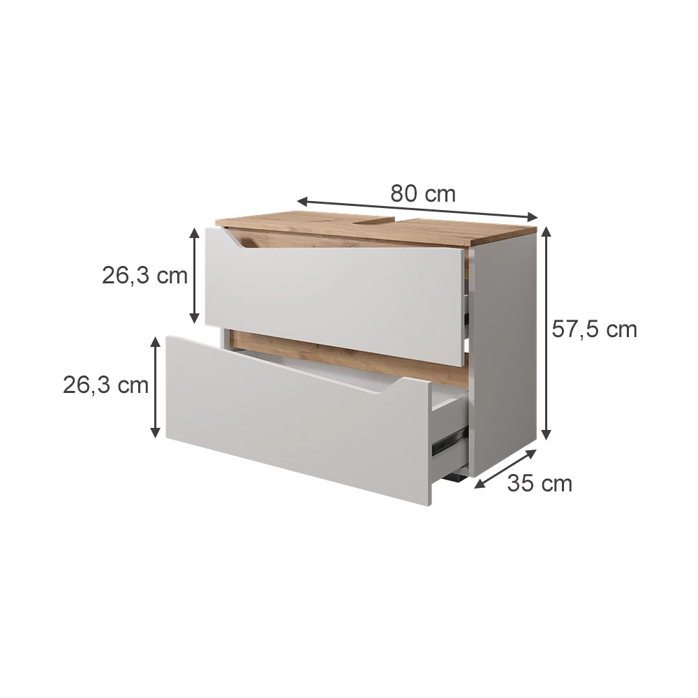 Wastafelonderkast in Wit op een witte achtergrond met zichtbare afmetingen