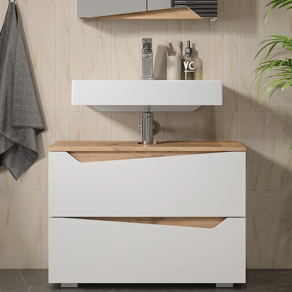 Wastafelonderkast in Wit, getoond in een sfeervolle omgeving met decoratie