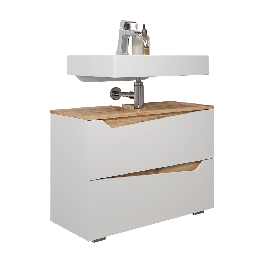 Wastafelonderkast in Wit op een witte achtergrond met decoratieve elementen