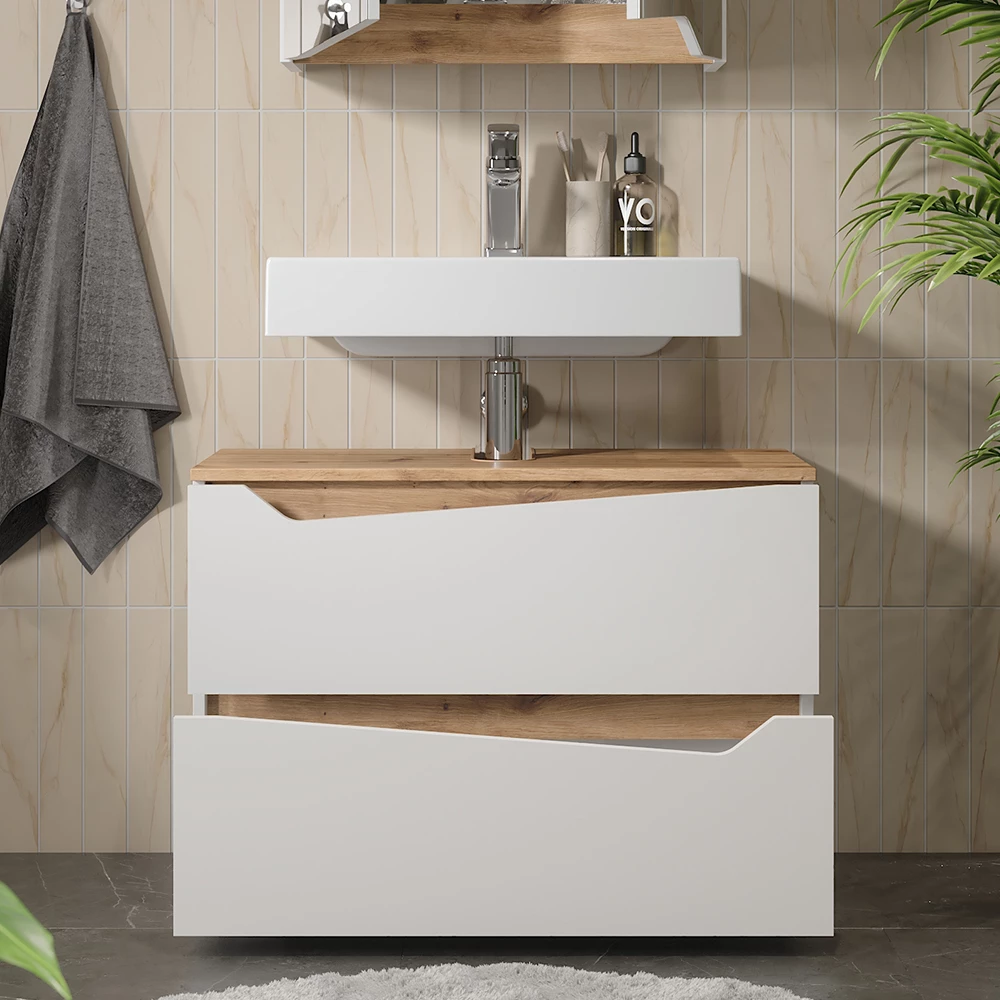 Close-up van Wastafelonderkast in Wit, met ontwerp- en oppervlakte-details