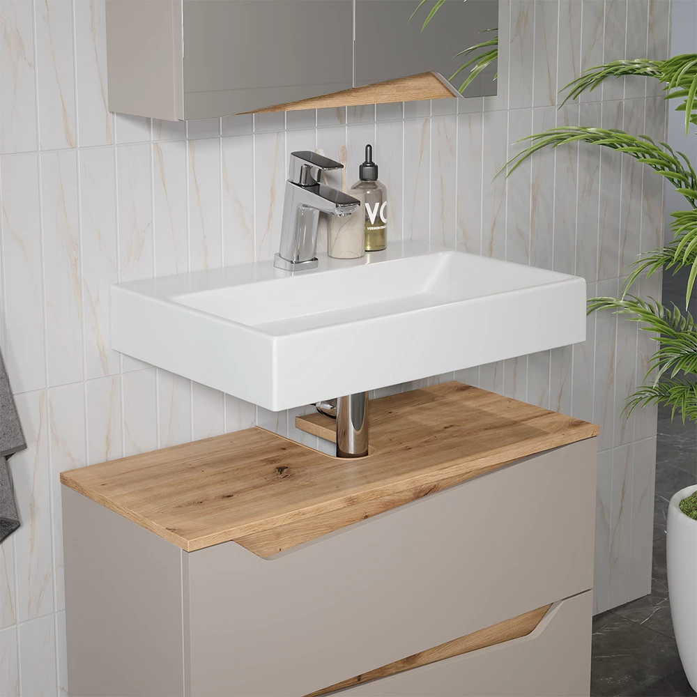 Primo piano di Mobile sottolavabo per bagno in Grigio, mostrando texture/dettagli