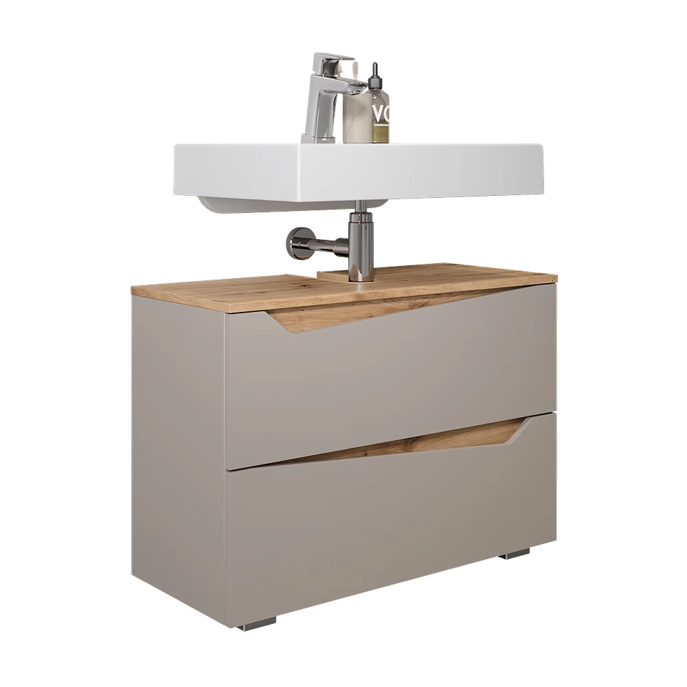 Waschbeckenunterschrank in Greige auf weißem Hintergrund mit dekorativen Elementen