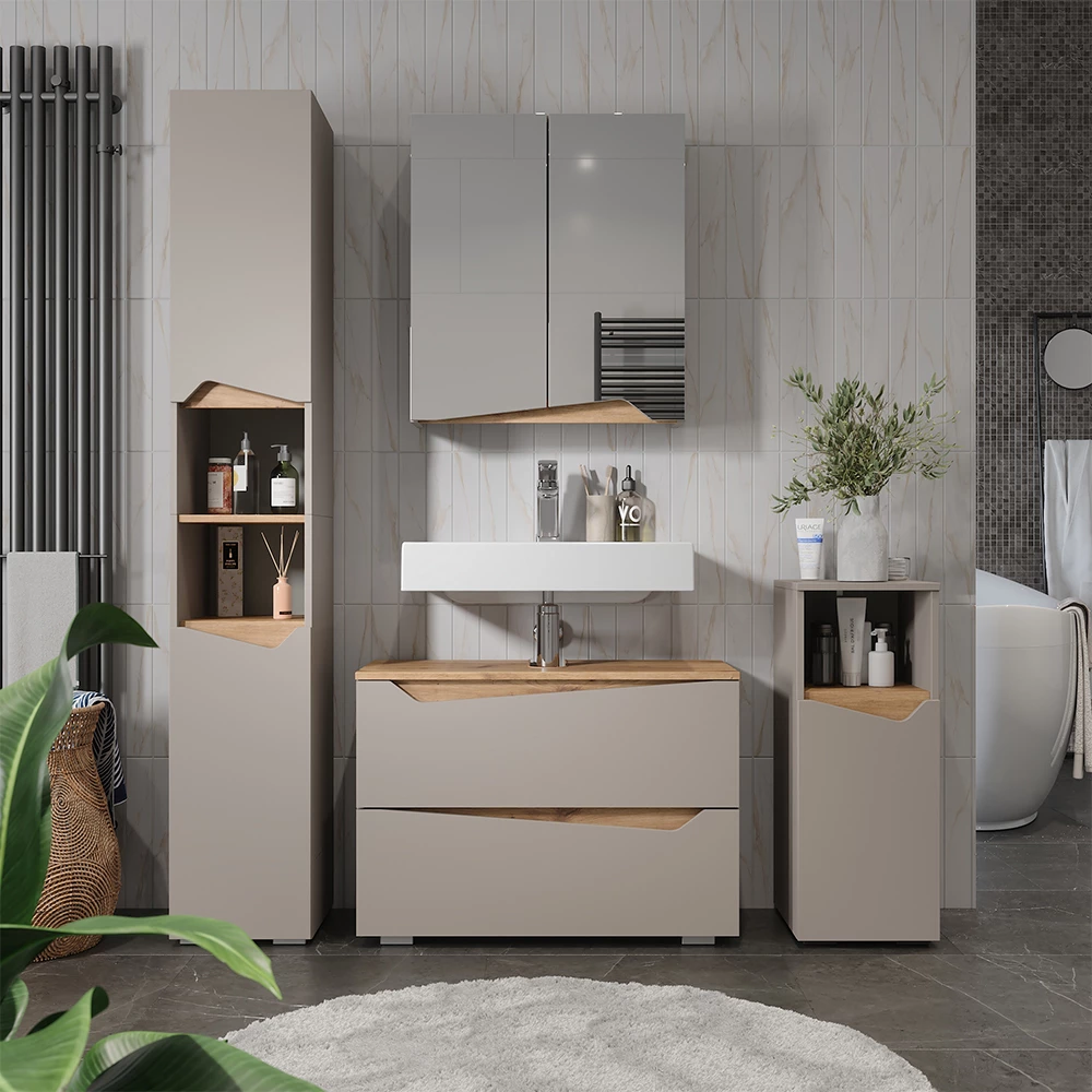 Waschbeckenunterschrank Marelle Greige 80 x 57.5 cm mit 2 Schubladen Vicco