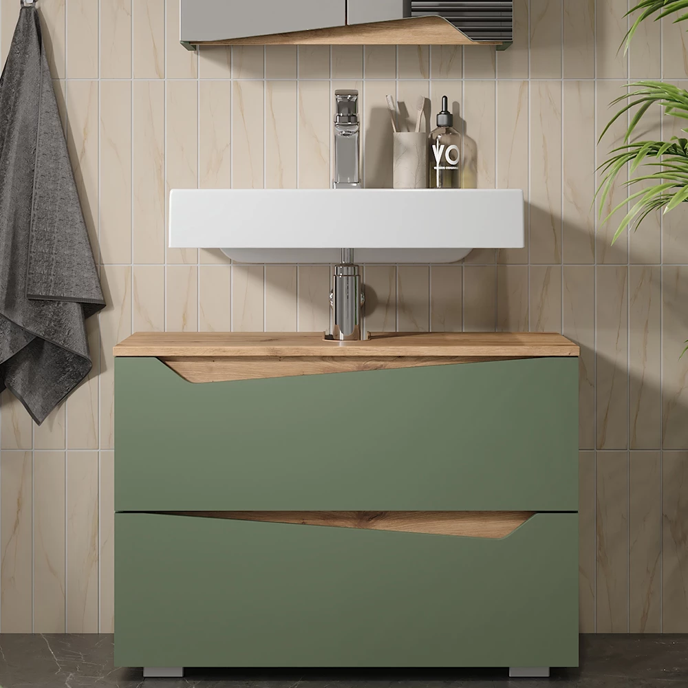 Wastafelonderkast in Groen/Kunstzinnig, getoond in een sfeervolle omgeving met decoratie