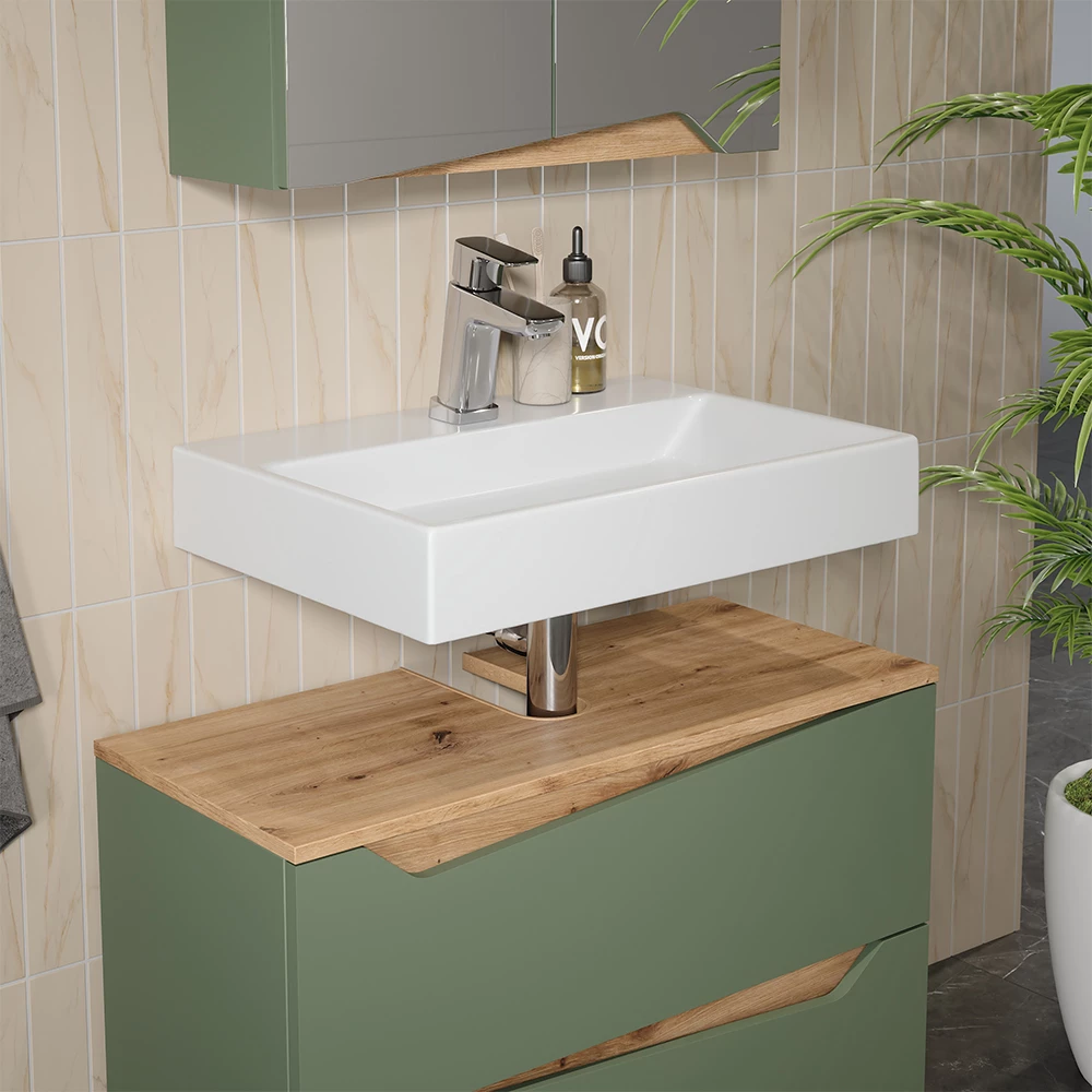 Close-up van Wastafelonderkast in Groen/Kunstzinnig, met textuur/details