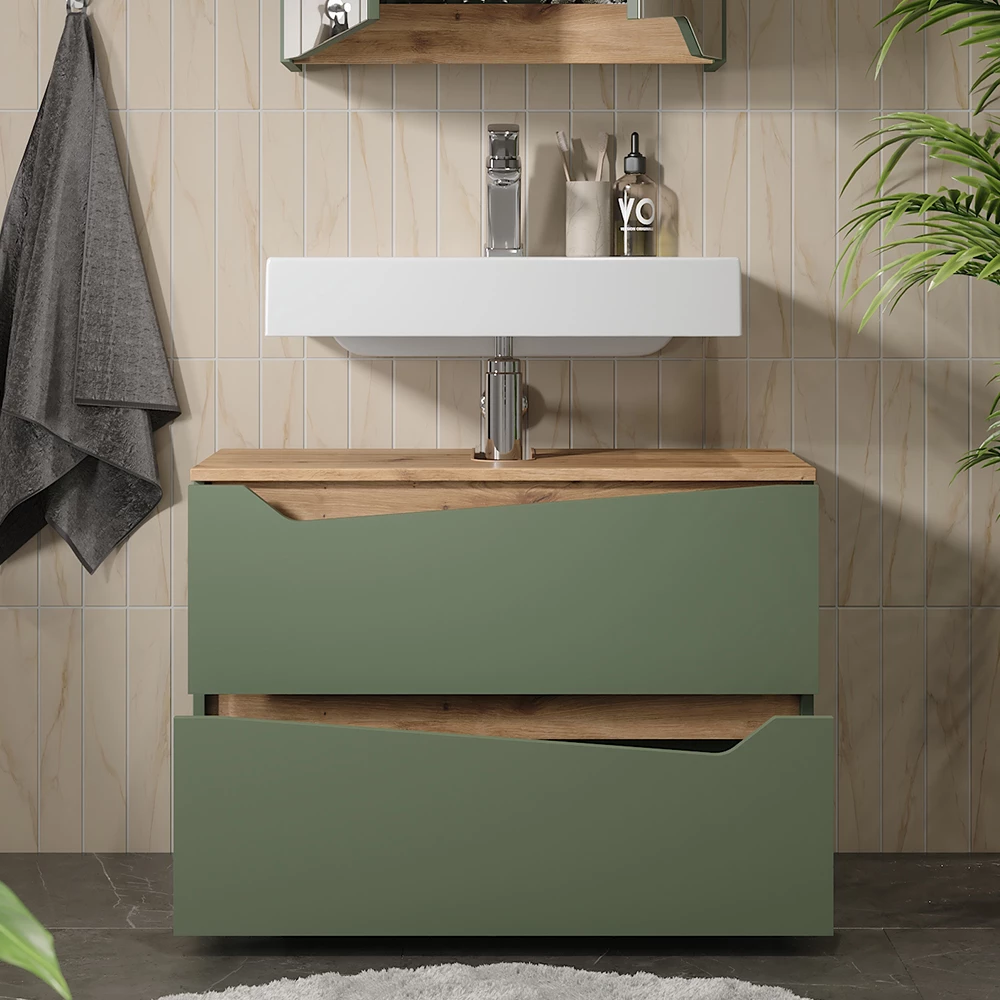 Close-up van Wastafelonderkast in Groen/Kunstzinnig, met ontwerp- en oppervlakte-details