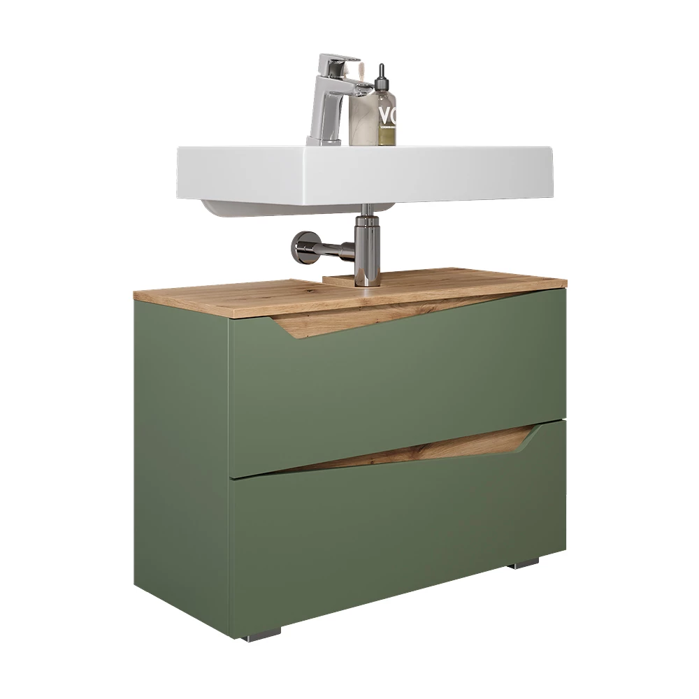 Wastafelonderkast in Groen/Kunstzinnig op een witte achtergrond met decoratieve elementen