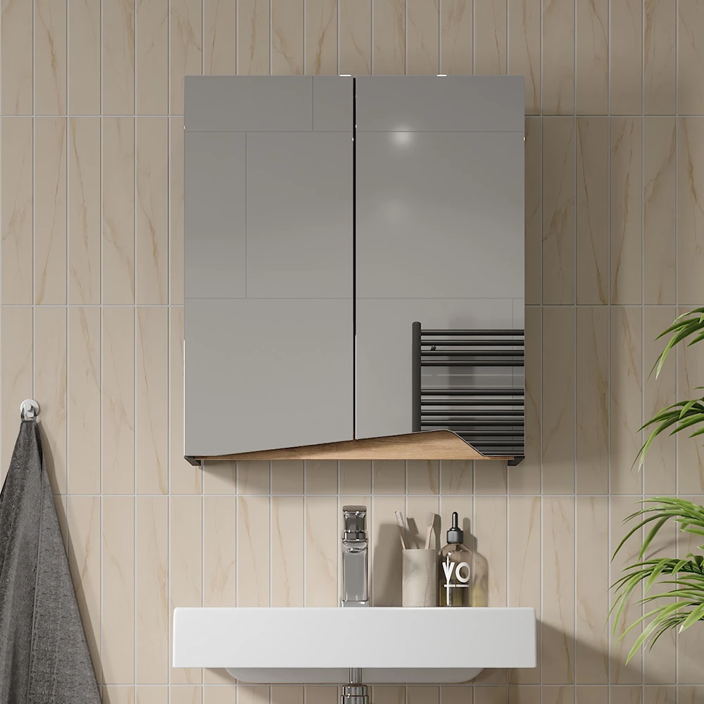 Nahaufnahme von Spiegelschrank in Anthrazit, zeigt Textur/Details