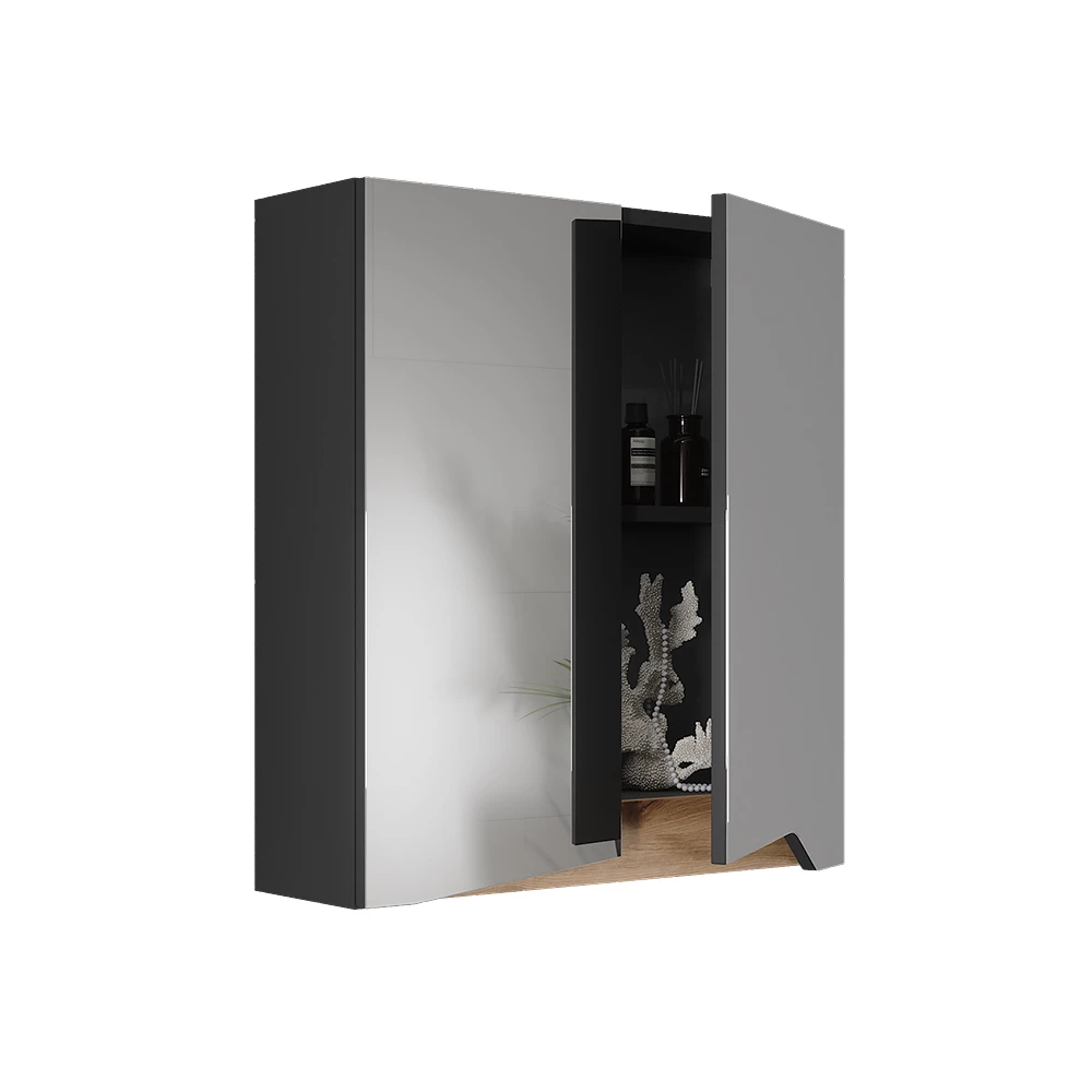 Spiegelschrank in Anthrazit auf weißem Hintergrund mit dekorativen Elementen