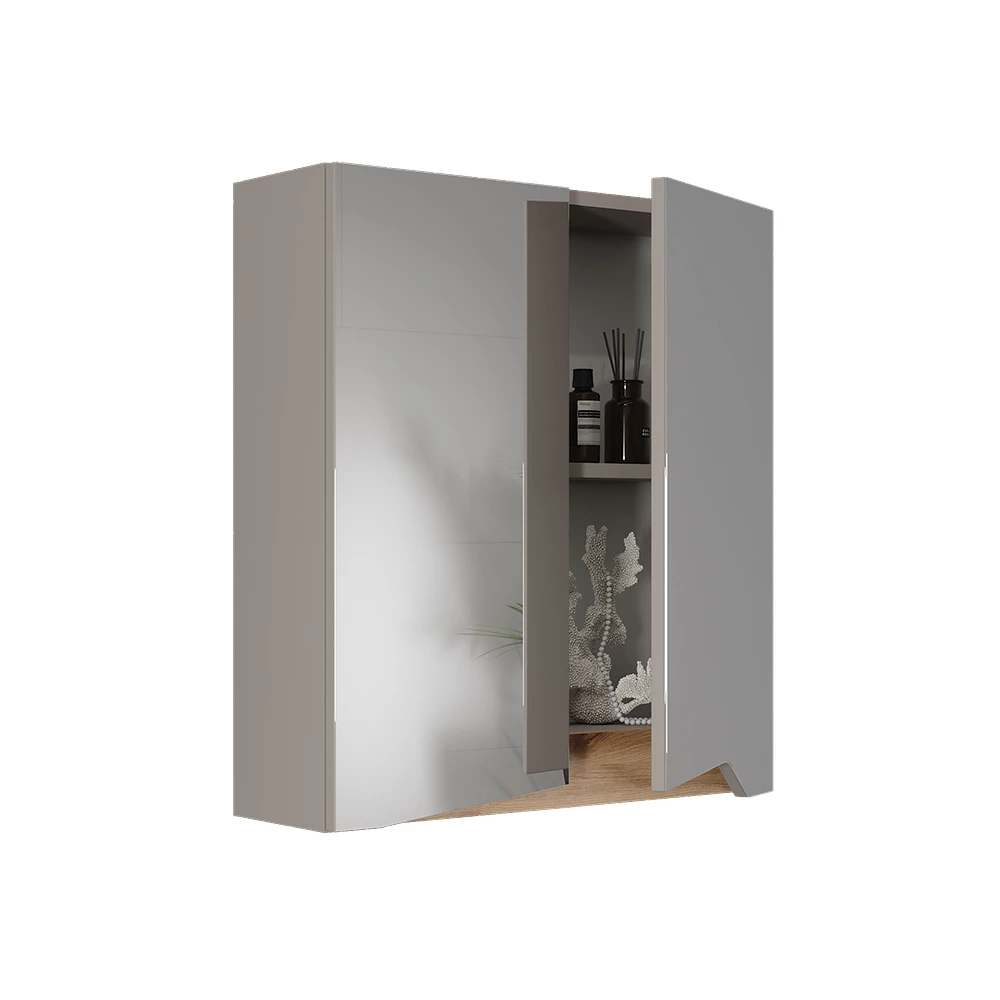 Armoire de toilette en Grège sur fond blanc avec des éléments décoratifs