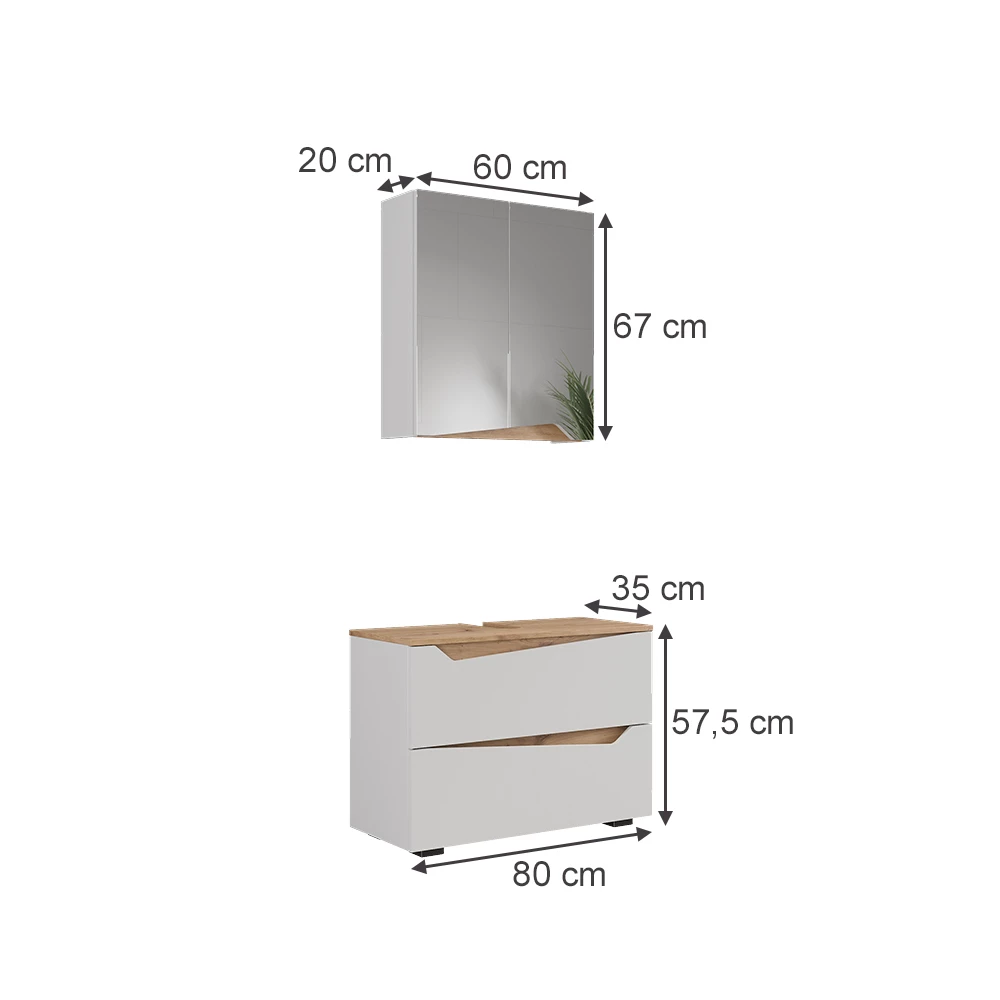 Set di mobili da bagno in Bianco su sfondo bianco con dimensioni visibili