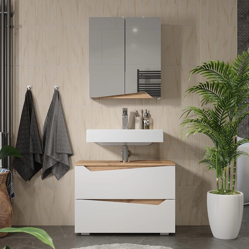 Set di mobili da bagno in Bianco, mostrato in un ambiente ambientale con decorazioni