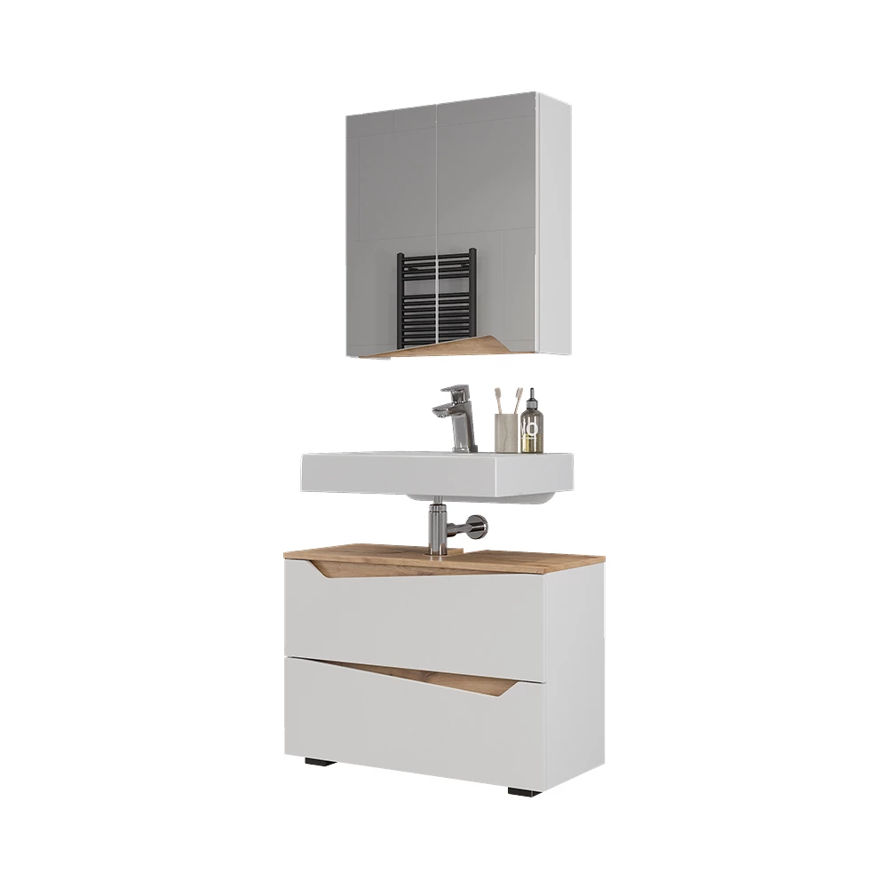 Set di mobili da bagno in Bianco su sfondo bianco con elementi decorativi