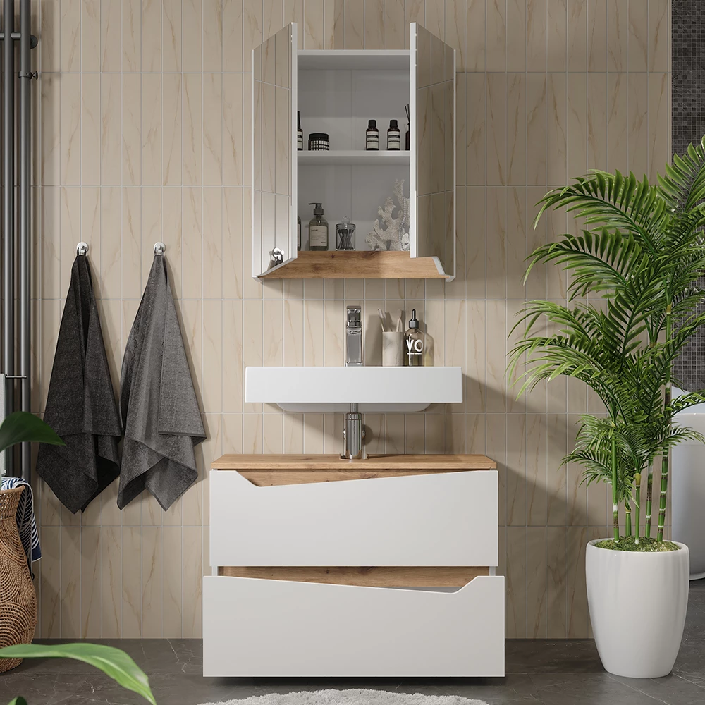 Primo piano di Set di mobili da bagno in Bianco, mostrando design e dettagli della superficie