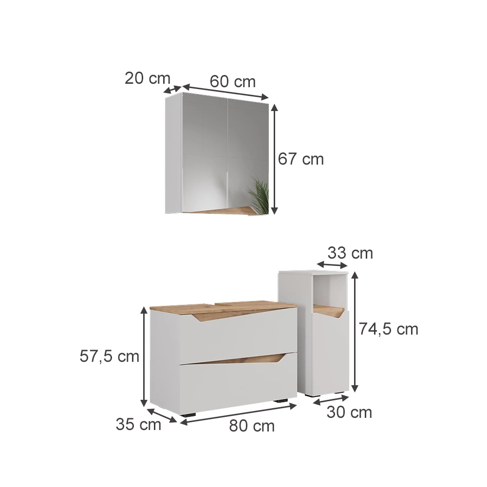 Set di mobili da bagno in Bianco su sfondo bianco con dimensioni visibili