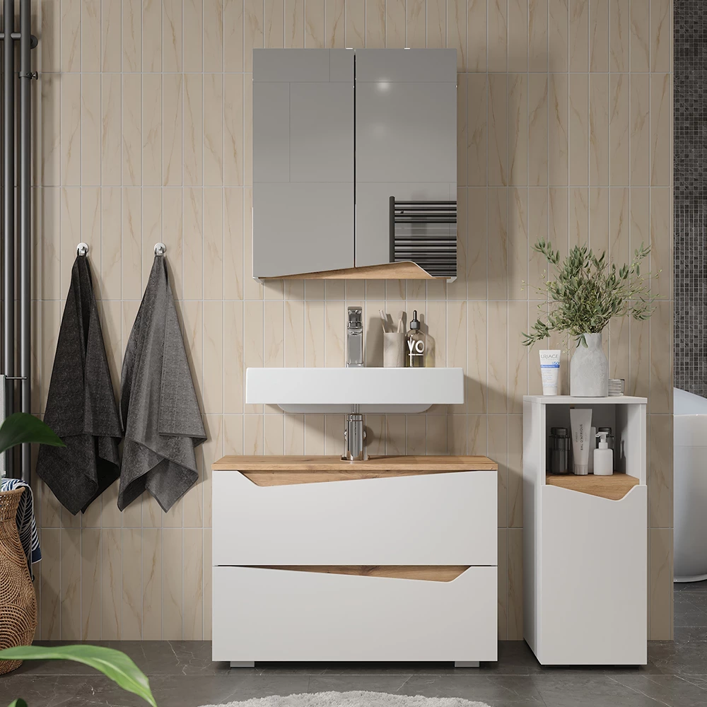 Set di mobili da bagno in Bianco, mostrato in un ambiente ambientale con decorazioni