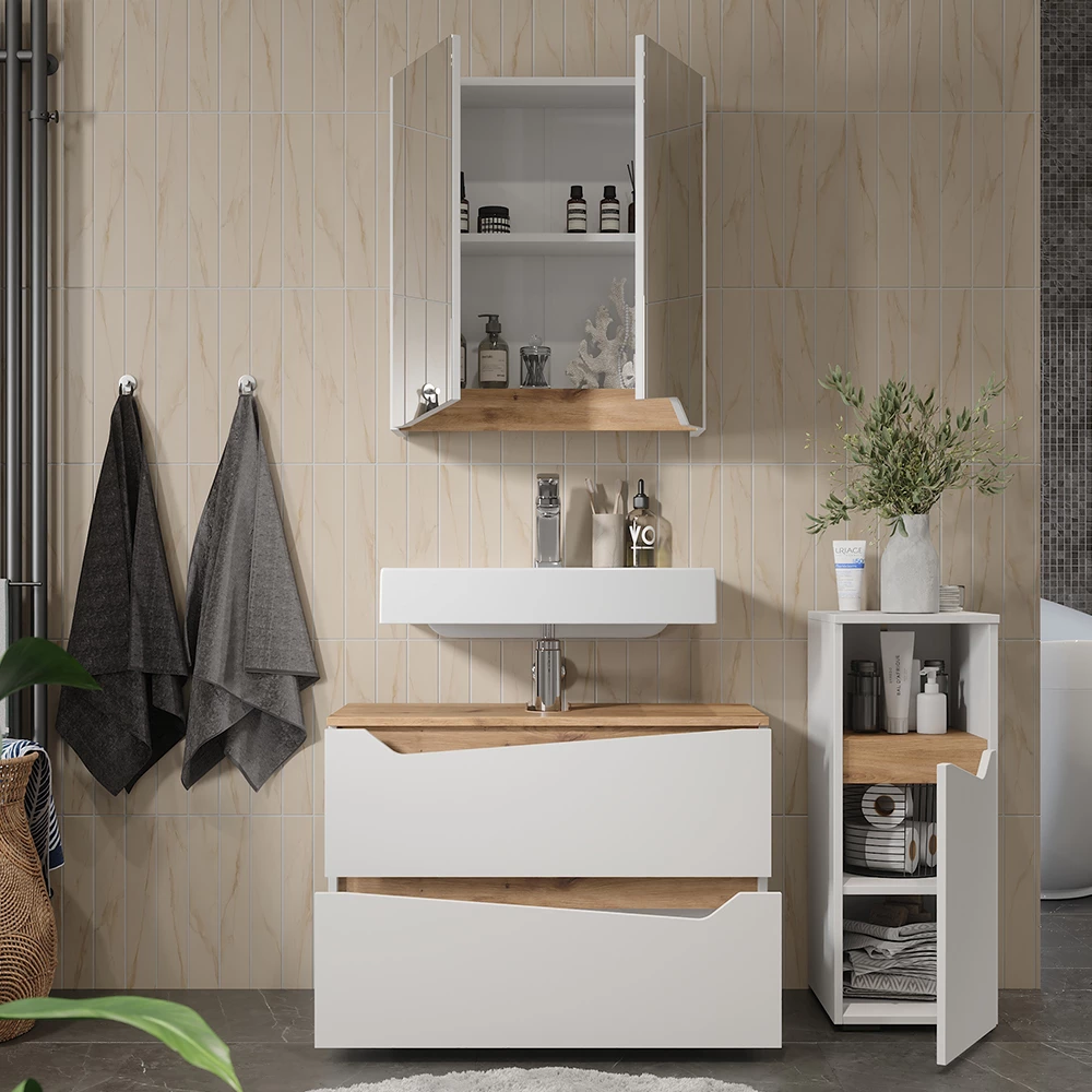 Primo piano di Set di mobili da bagno in Bianco, mostrando design e dettagli della superficie