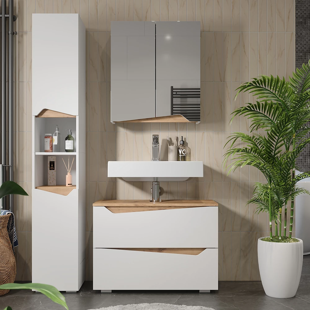 Badmöbel-Set in Weiß, dargestellt im Ambiente mit Dekoration