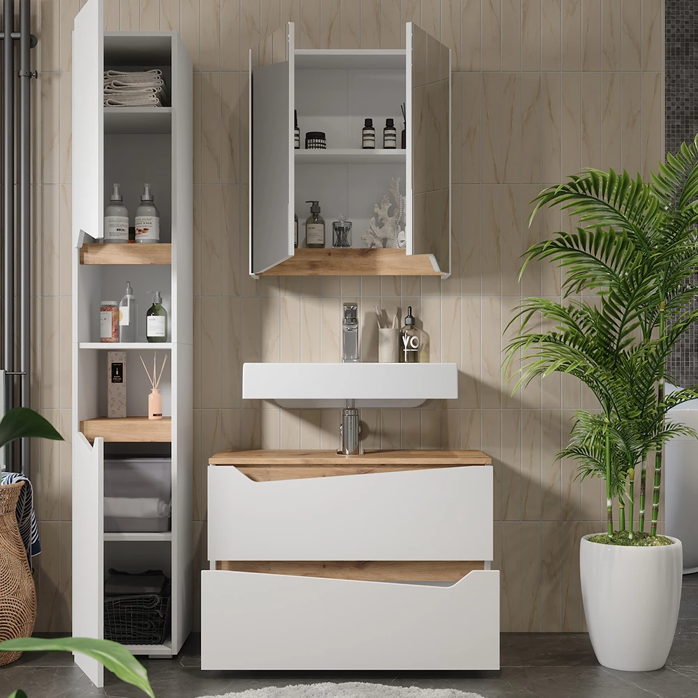 Nahaufnahme von Badmöbel-Set in Weiß, zeigt Design- und Oberflächendetails