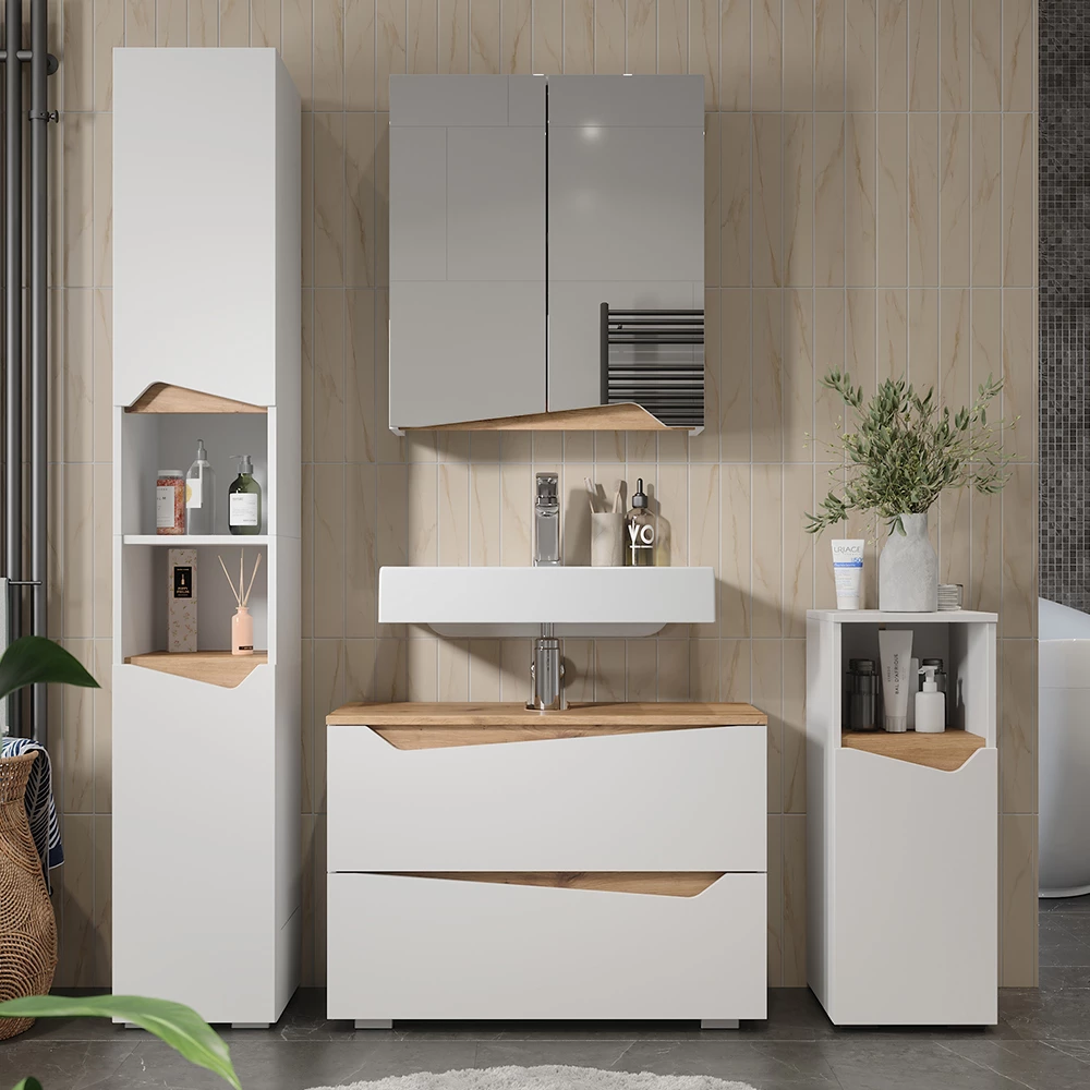 Set di mobili da bagno in Bianco, mostrato in un ambiente ambientale con decorazioni