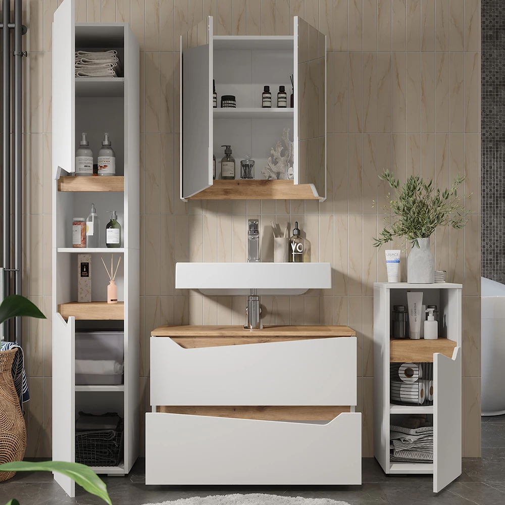 Primo piano di Set di mobili da bagno in Bianco, mostrando design e dettagli della superficie