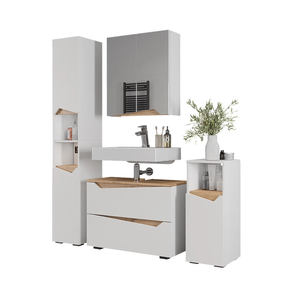 Set di mobili da bagno in Bianco su sfondo bianco con elementi decorativi