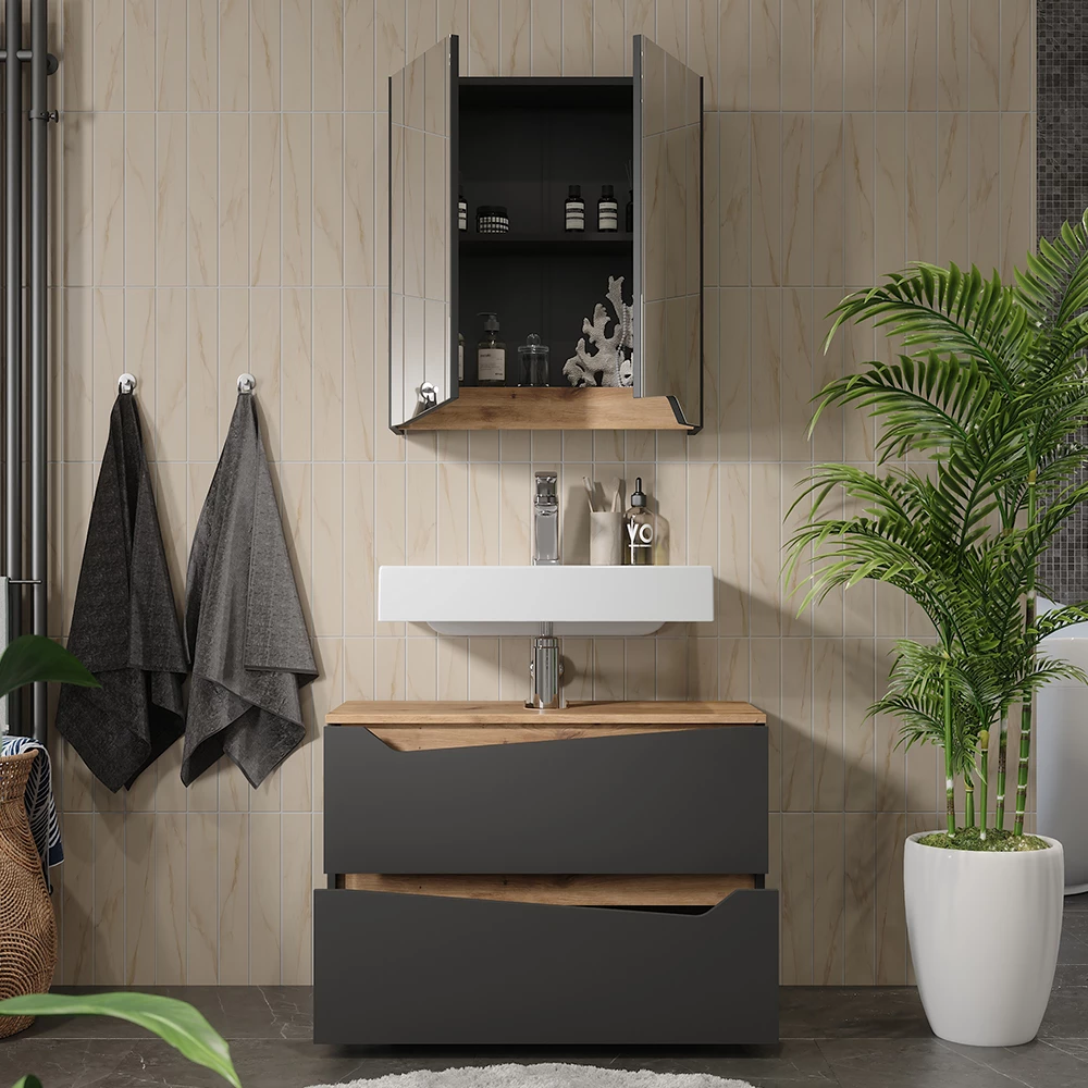 Primo piano di Set di mobili da bagno in Antracite, mostrando design e dettagli della superficie