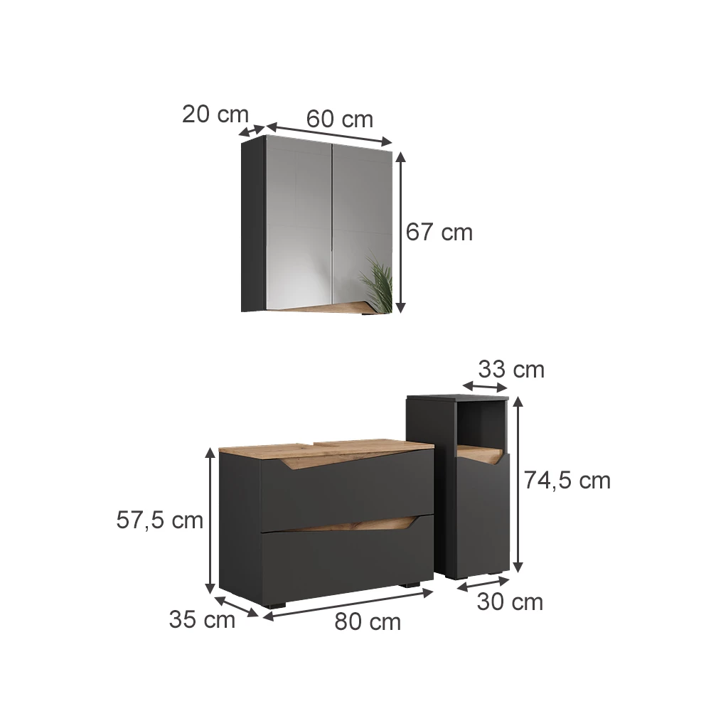 Set di mobili da bagno in Antracite su sfondo bianco con dimensioni visibili