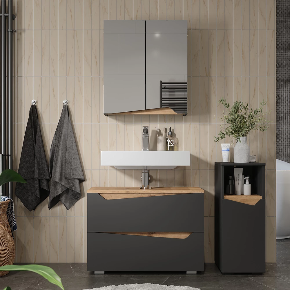 Set di mobili da bagno in Antracite, mostrato in un ambiente ambientale con decorazioni