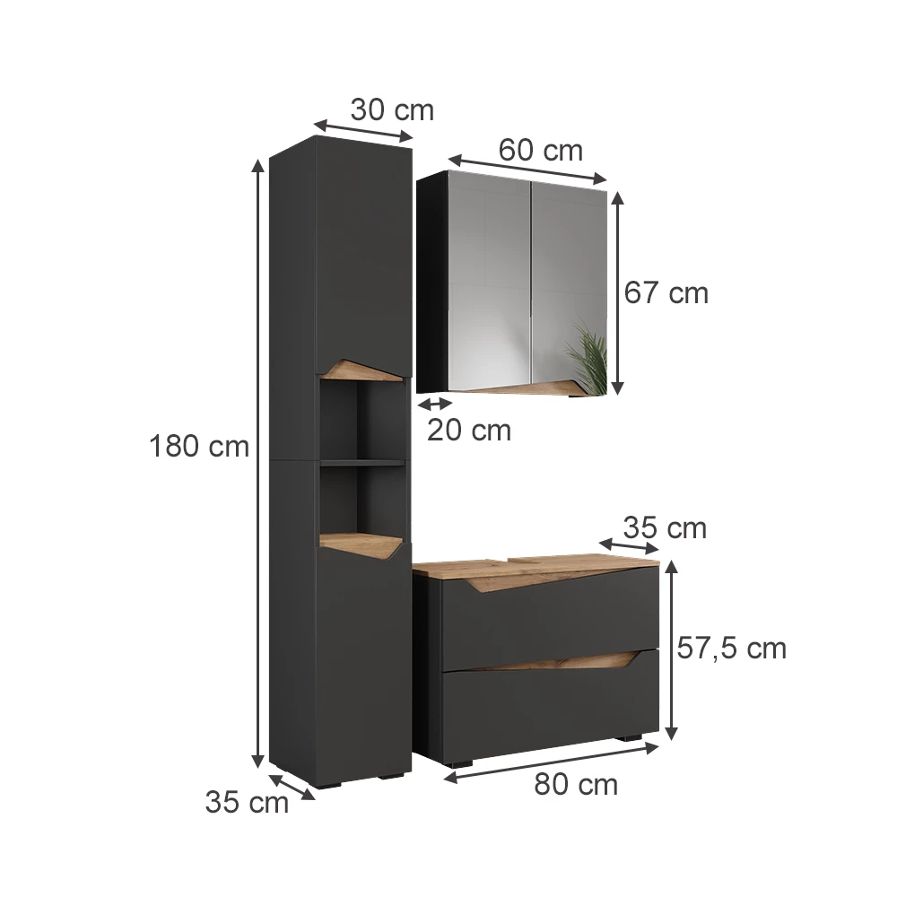 Badkamermeubelset in Antraciet op een witte achtergrond met zichtbare afmetingen