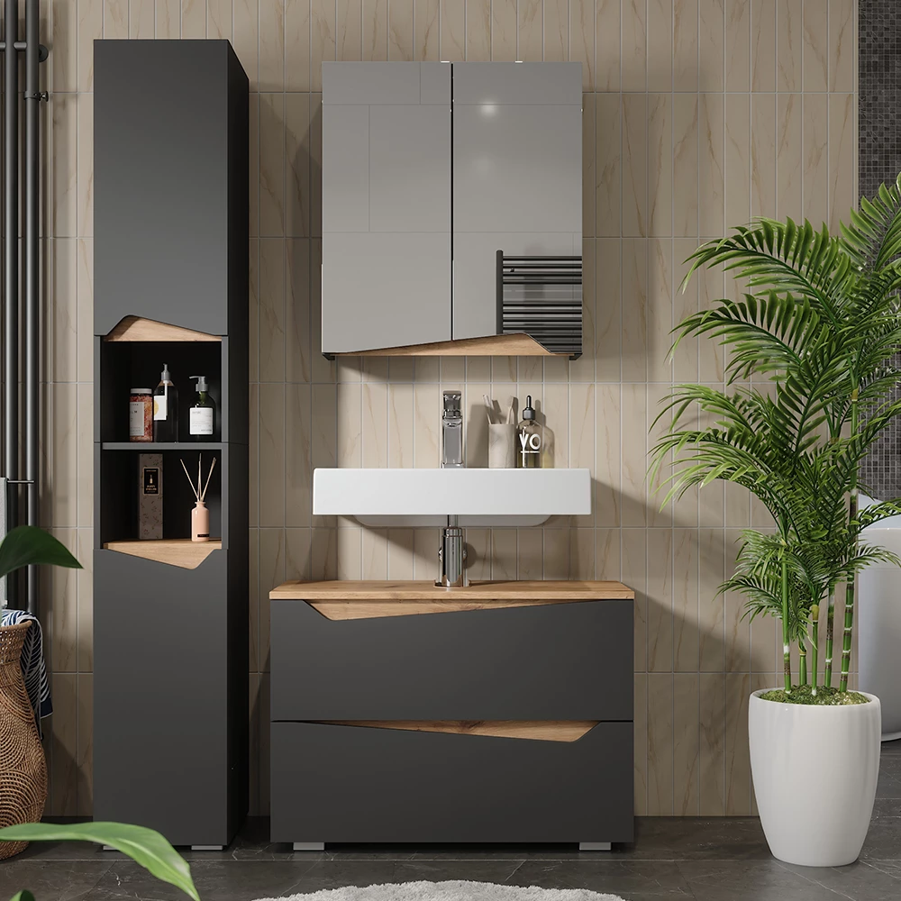 Badkamermeubelset in Antraciet, getoond in een sfeervolle omgeving met decoratie