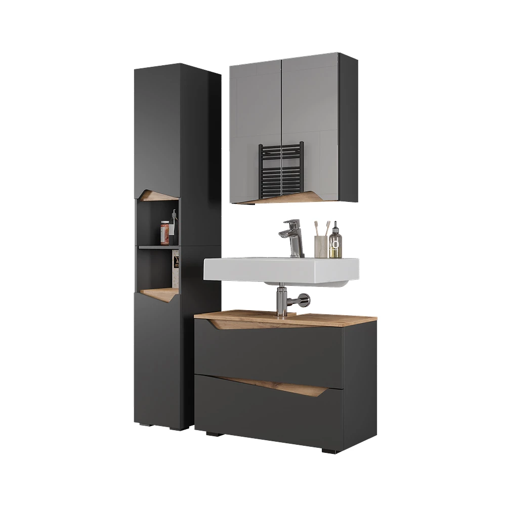 Badkamermeubelset in Antraciet op een witte achtergrond met decoratieve elementen