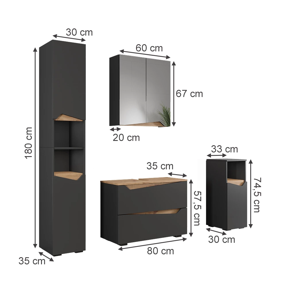 Set di mobili da bagno in Antracite su sfondo bianco con dimensioni visibili