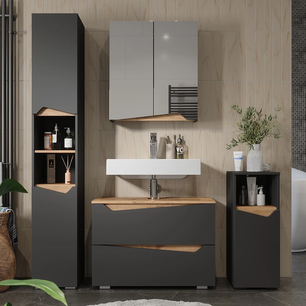 Set di mobili da bagno in Antracite, mostrato in un ambiente ambientale con decorazioni
