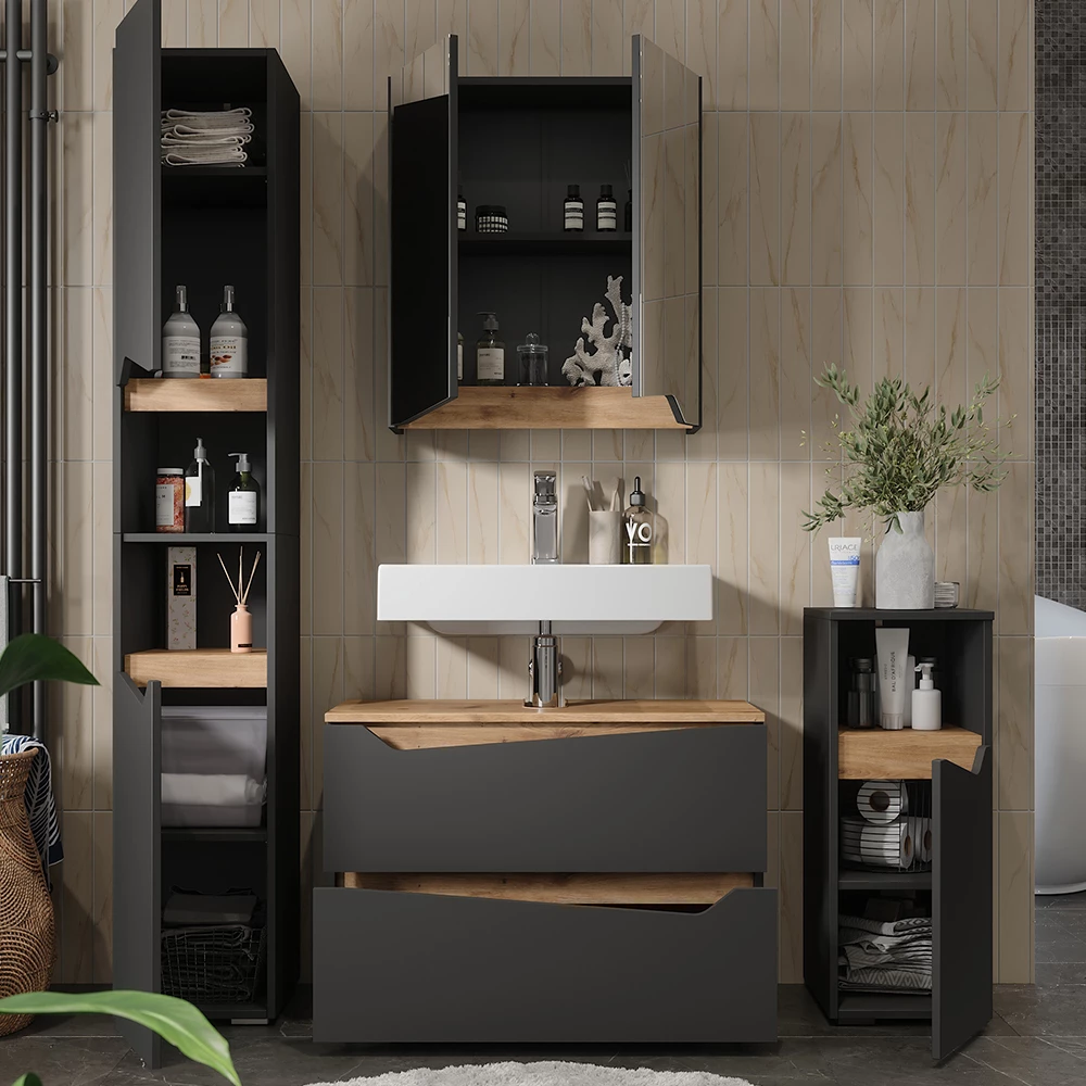 Primo piano di Set di mobili da bagno in Antracite, mostrando design e dettagli della superficie