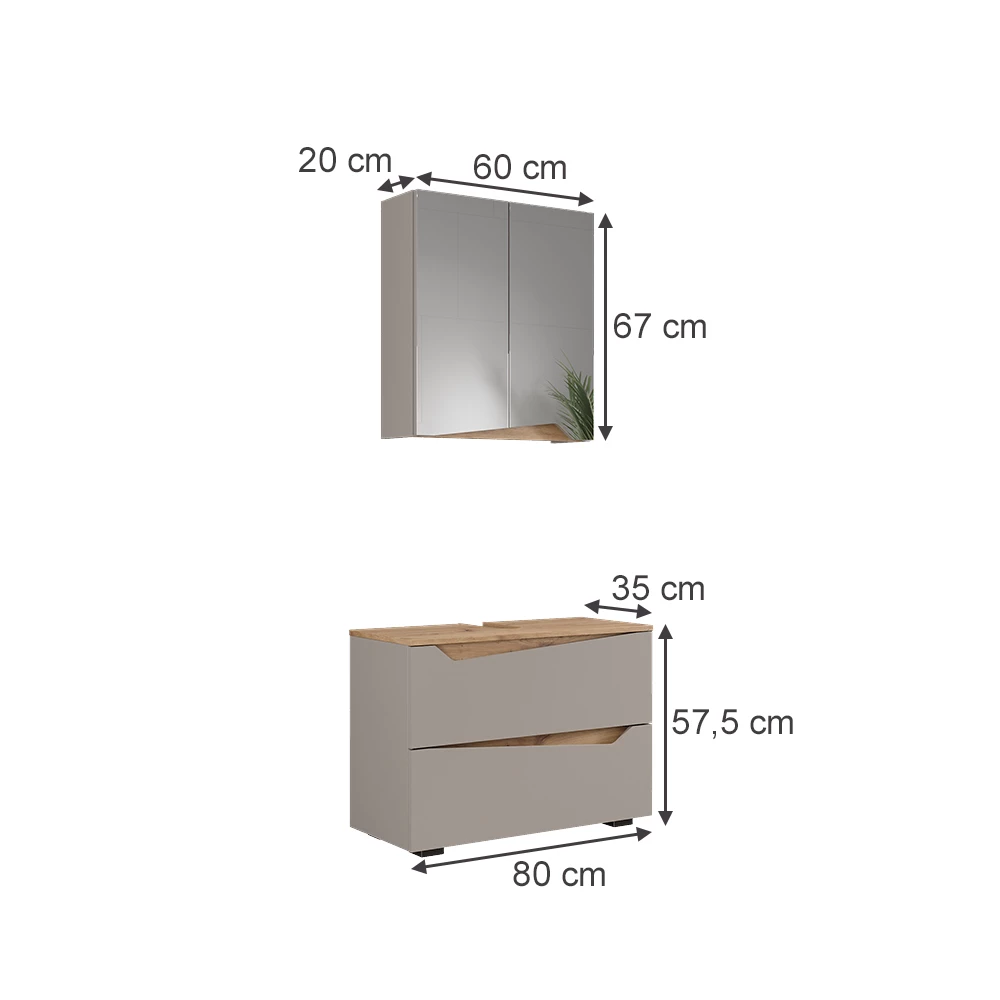 Set di mobili da bagno in Grigio su sfondo bianco con dimensioni visibili