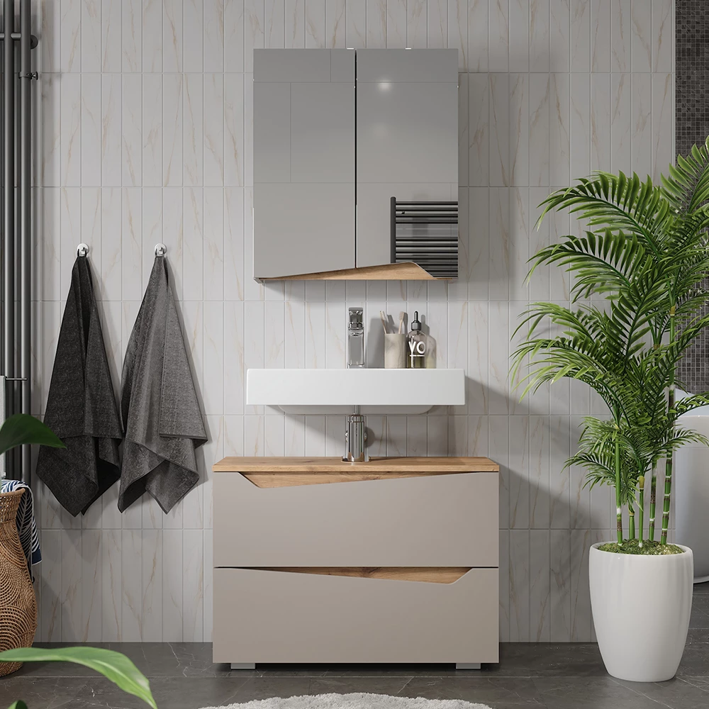 Set di mobili da bagno in Grigio, mostrato in un ambiente ambientale con decorazioni