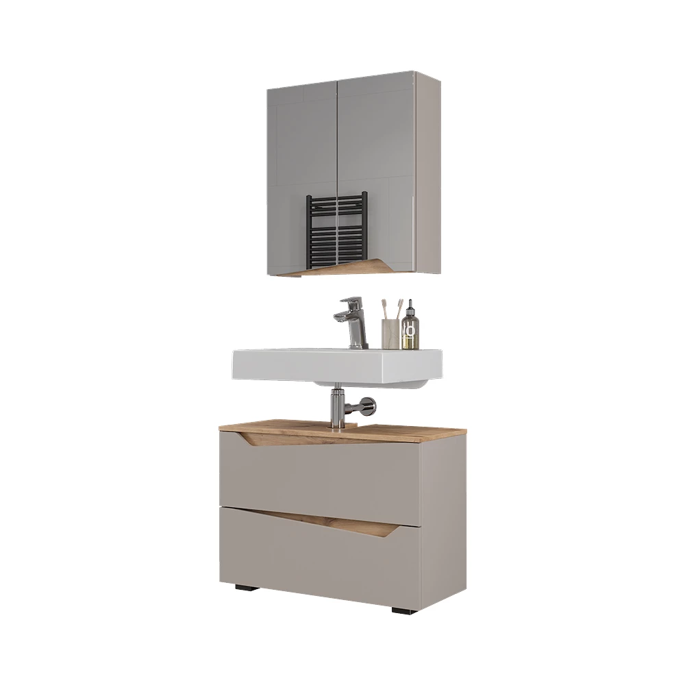 Set di mobili da bagno in Grigio su sfondo bianco con elementi decorativi