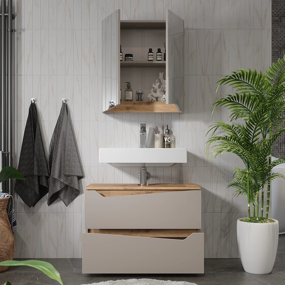 Primo piano di Set di mobili da bagno in Grigio, mostrando design e dettagli della superficie