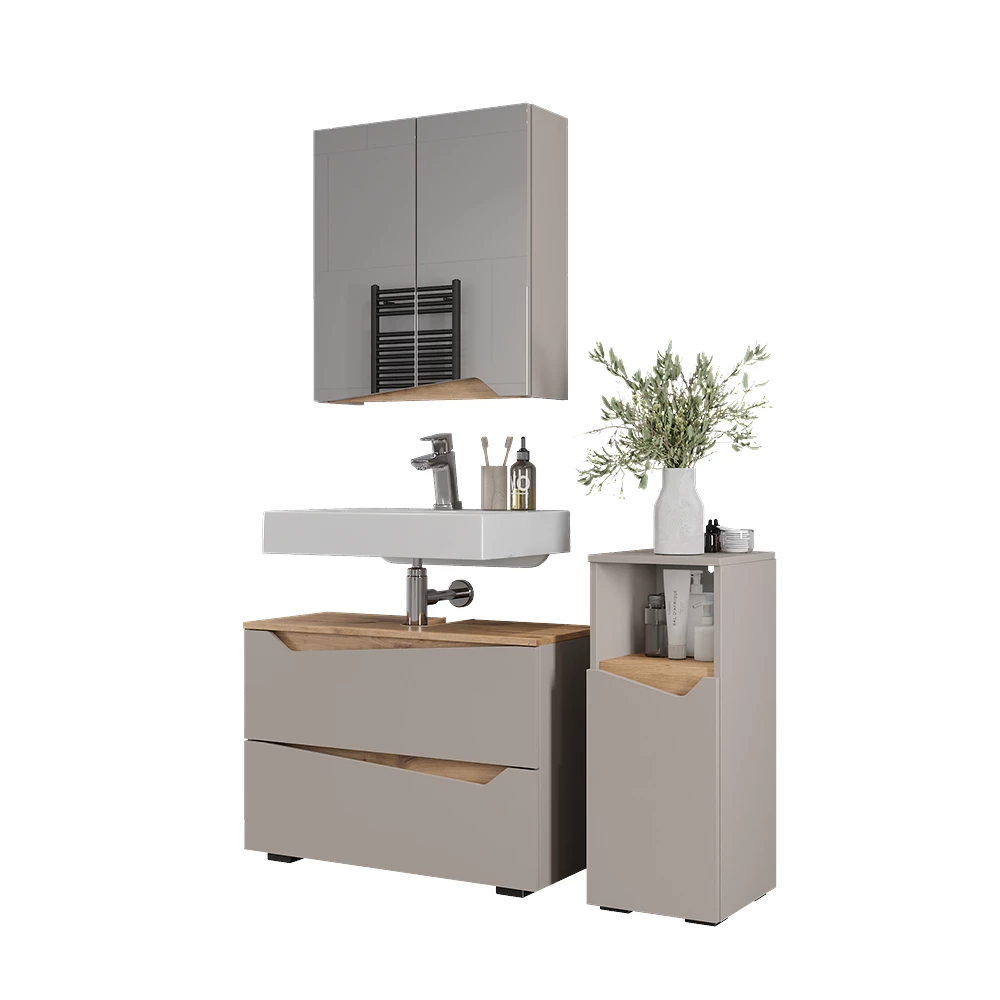 Badmöbel-Set in Greige auf weißem Hintergrund mit dekorativen Elementen