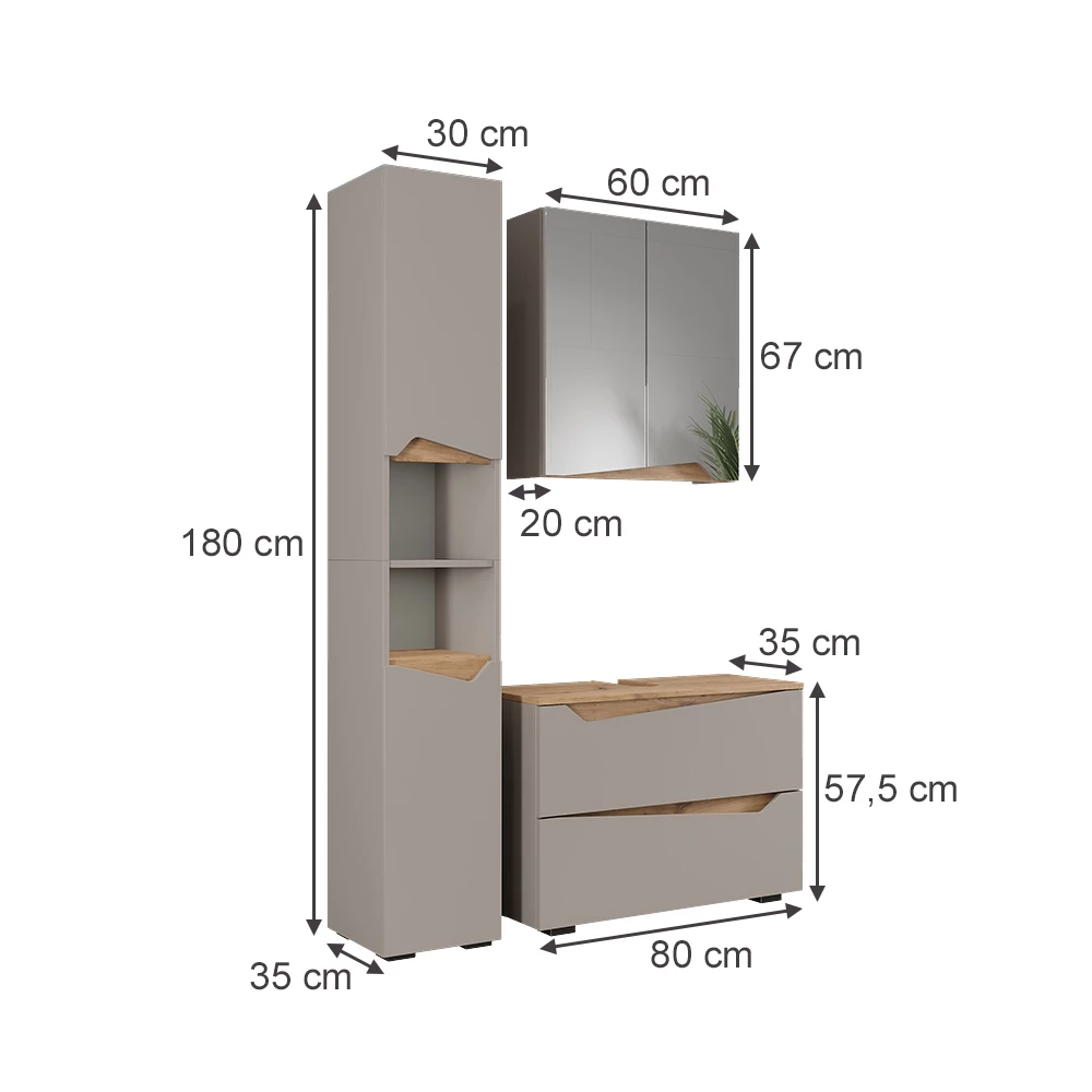 Zestaw mebli łazienkowych w kolorze Szary na białym tle