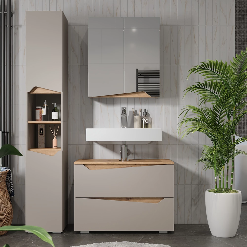 Set di mobili da bagno in Grigio, mostrato in un ambiente ambientale con decorazioni